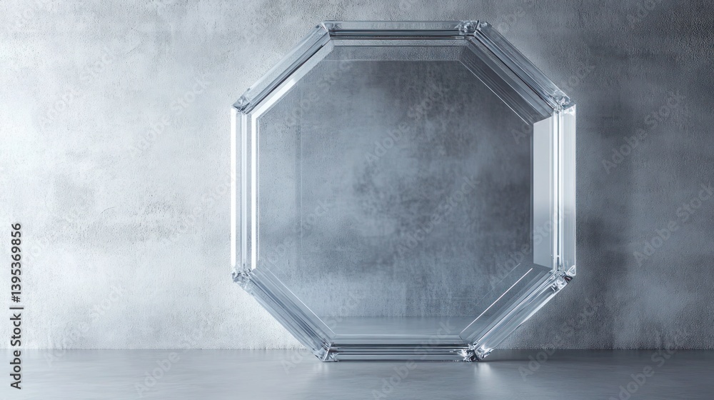 A large frameless octagon made of clear glass, offset on a textured light gray wall, creating a minimalist yet captivating display.