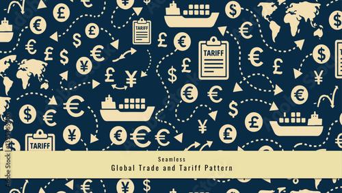 Seamless Global Trade and Tariff Pattern with Cargo Ships Currency Icons and World Map Elements