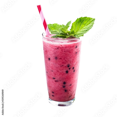 Refreshing blueberry smoothie in glass with mint garnish and striped straw on transparent background Concept of healthy eating, detox, and summer drink