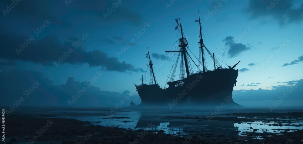 Obraz premium Forgotten Legacy A Spectral Ship on a Murky Shore, Lost to Time and Memory