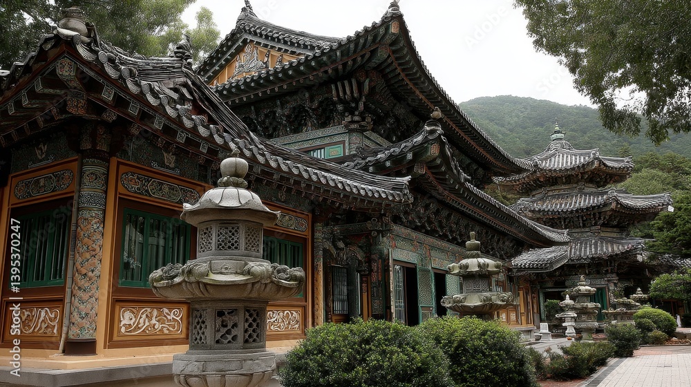 Traditional Asian architecture, wooden structures with intricate roofs, surrounded by lush greenery, ideal for cultural exploration. Traditional Asian architecture, wooden structures with intricate roofs, surrounded by lush greenery, ideal for cultural exploration.