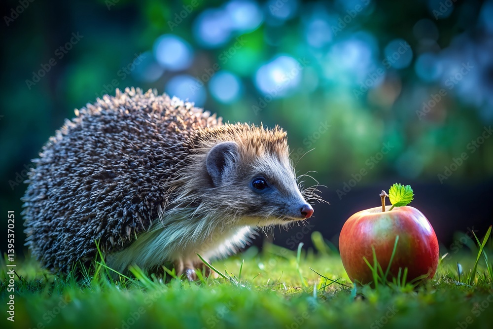 Cute hedgehog looking at a red apple while sitting on green grass against a blurred background