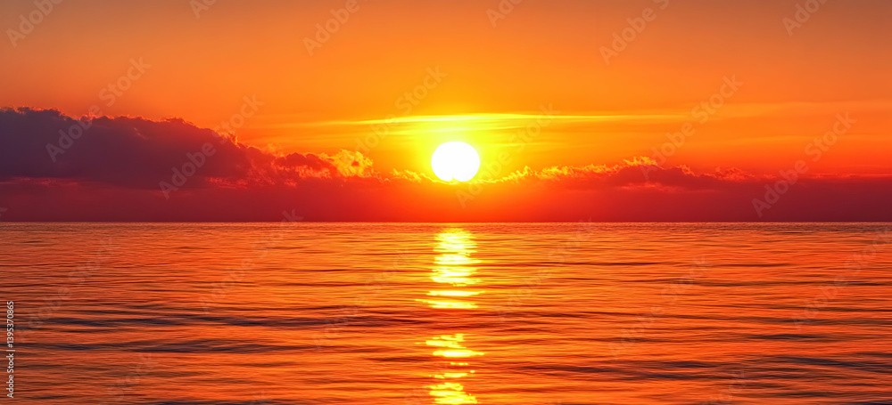 Obraz premium A stunning sunset over calm waters, showcasing vibrant oranges and yellows reflecting on the serene sea, ideal for nature lovers.
