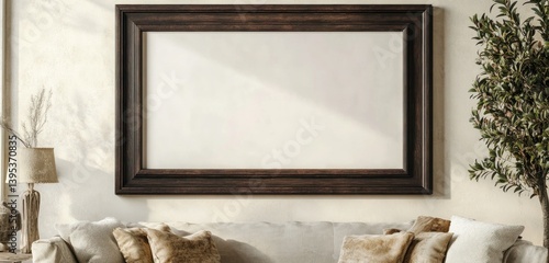 A large, square frame in a dark oak finish, anchored on a pale cream wall, providing a classic, warm touch.