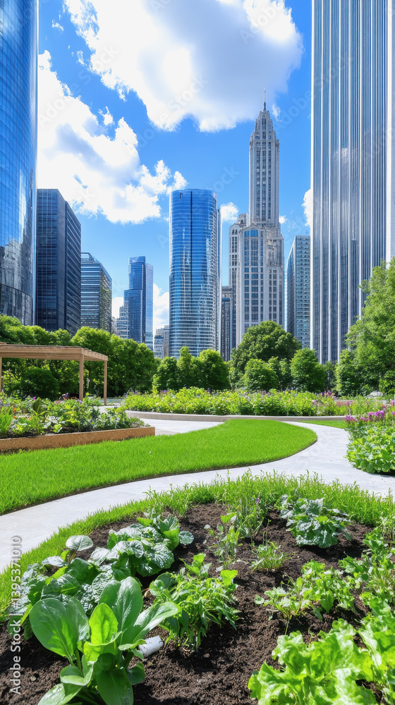 Fototapeta premium Expansive urban park with lush greenery and walking paths creating a community space for leisure and recreation