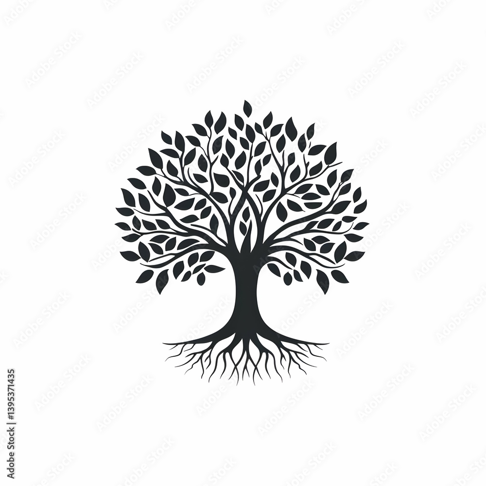 Obraz premium A stylized black tree silhouette with intricate leaves and roots, symbolizing growth and nature's beauty.