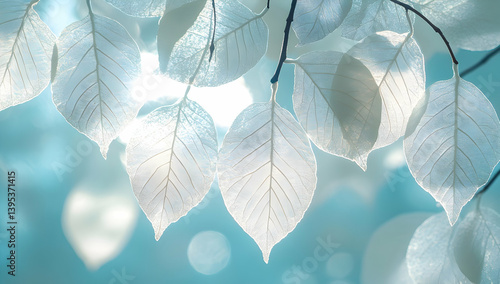 A photograph of white leaves hanging from the branches, casting shadows on a light blue background. 