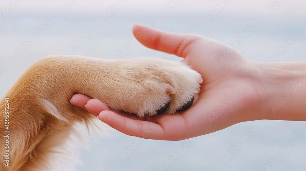 Tender gesture: a human hand holding the paw of a golden retriever against a blurred light background