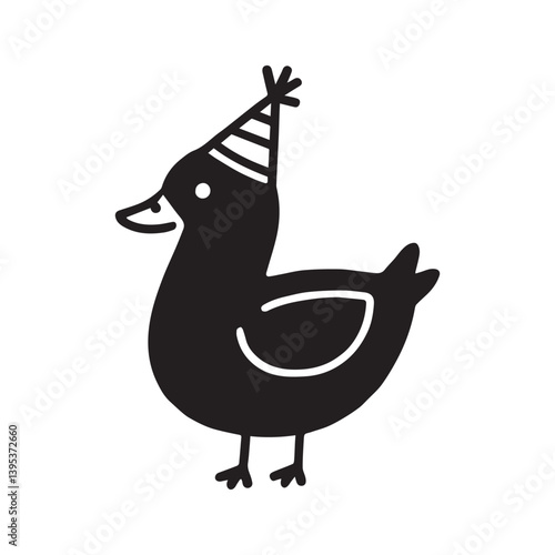 A vector illustration of a cute duck icon silhouette with a white background. The duck has a big smile and is wearing a party hat. 