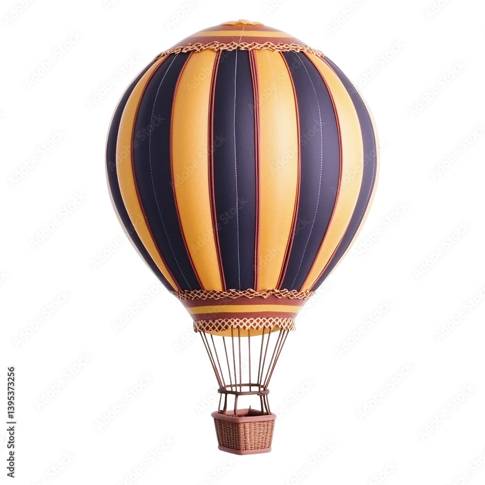 Fototapeta premium Vintage hot air balloon with yellow and black stripes on a transparent background Concept of travel, adventure, and vintage style