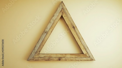 A large triangular frame in reclaimed wood, positioned high on a soft pastel yellow wall, giving a rustic yet artistic vibe.