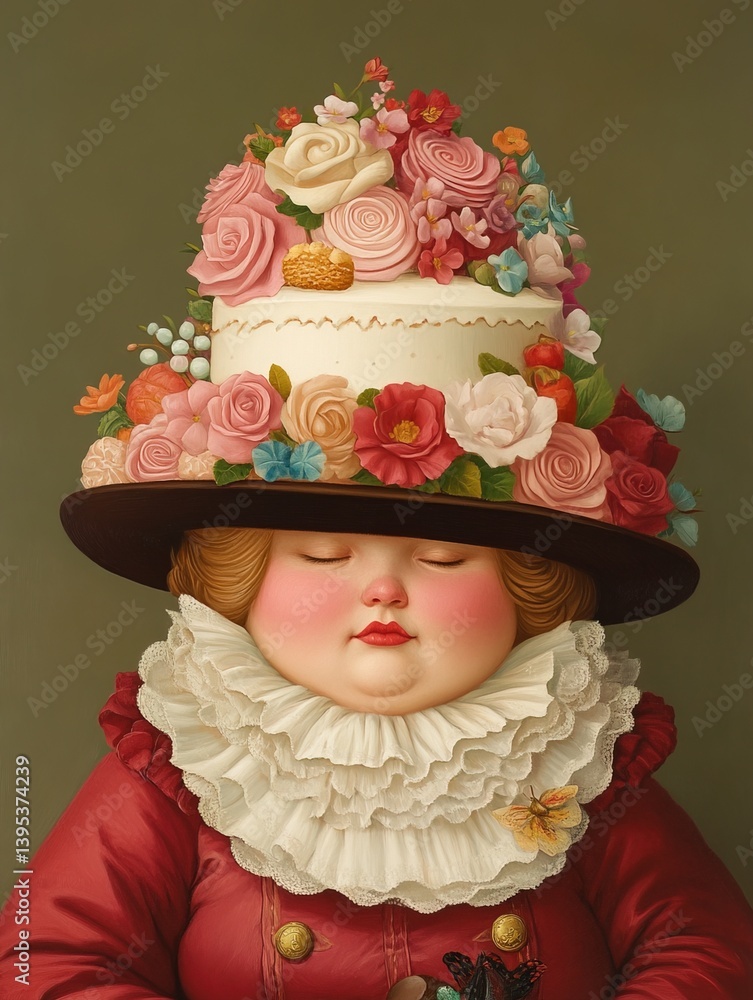 Artistic portrait of a plump woman wearing a whimsical hat shaped like a cake decorated with buttercream flowers against an olive-green background