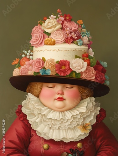 Obraz na płótnie Artistic portrait of a plump woman wearing a whimsical hat shaped like a cake decorated with buttercream flowers against an olive-green background w salonie