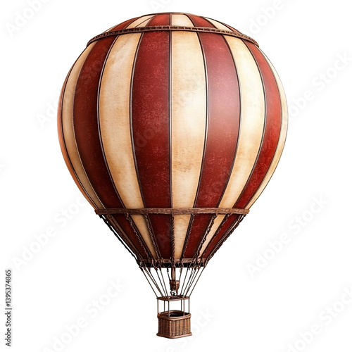Vintage red and white striped hot air balloon with wicker basket on a transparent background Concept of adventure, travel, and steampunk