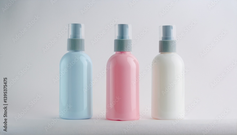 three colorful spray bottles lined up neatly three colorful spray bottles lined up neatly