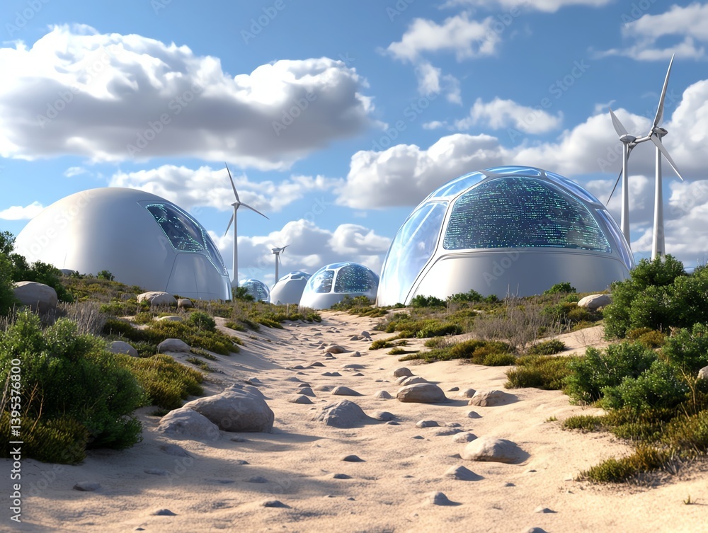 Obraz premium Dome city on alien terrain powered by solar and blade turbines, 3D illustration
