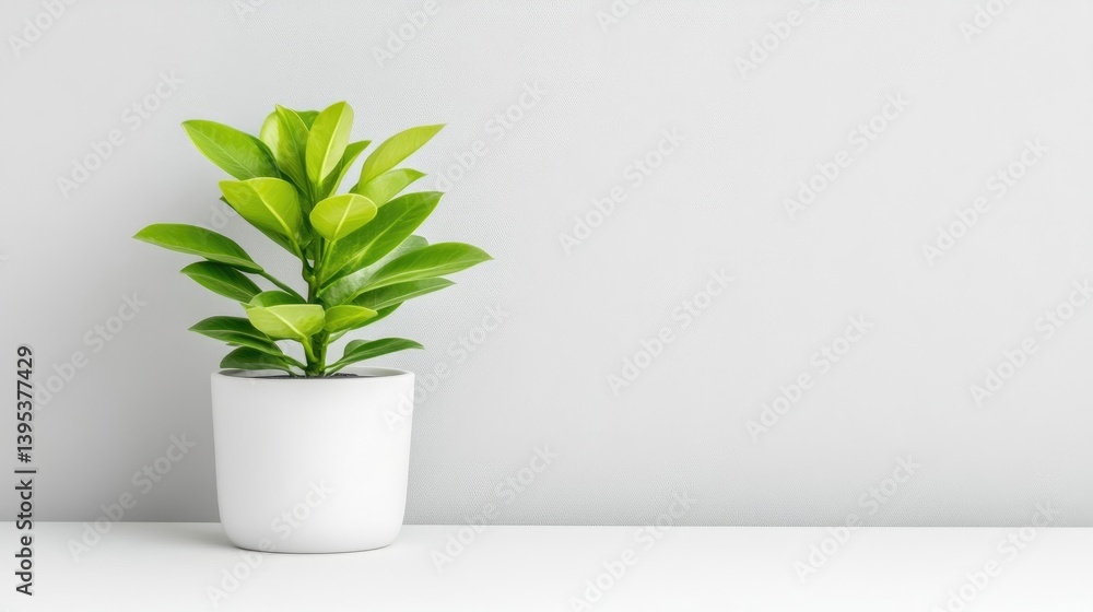 A lush green plant in a white ceramic pot sitting on a white surface against a light grey wall, minimalist indoor decoration, and modern aesthetic. A lush green plant in a white ceramic pot sitting on a white surface against a light grey wall, minimalist indoor decoration, and modern aesthetic.