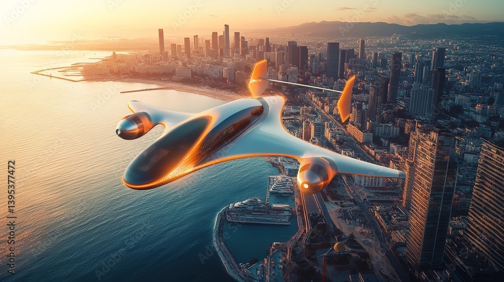 Futuristic flying car flying over a large coastal city at sunset