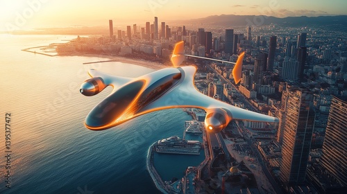 Obraz na płótnie Futuristic flying car flying over a large coastal city at sunset w salonie