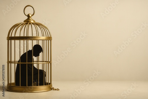 A man sitting inside a golden cage symbolizes the paradox of wealth and materialism, conceptual image about financial imprisonment, luxury trap, and emotional confinement