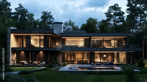 Wallpaper Mural A huge modern mansion in a forest at night, symbolizing luxury, tranquility, and modern architecture, ideal for real estate or architectural inspiration. Torontodigital.ca