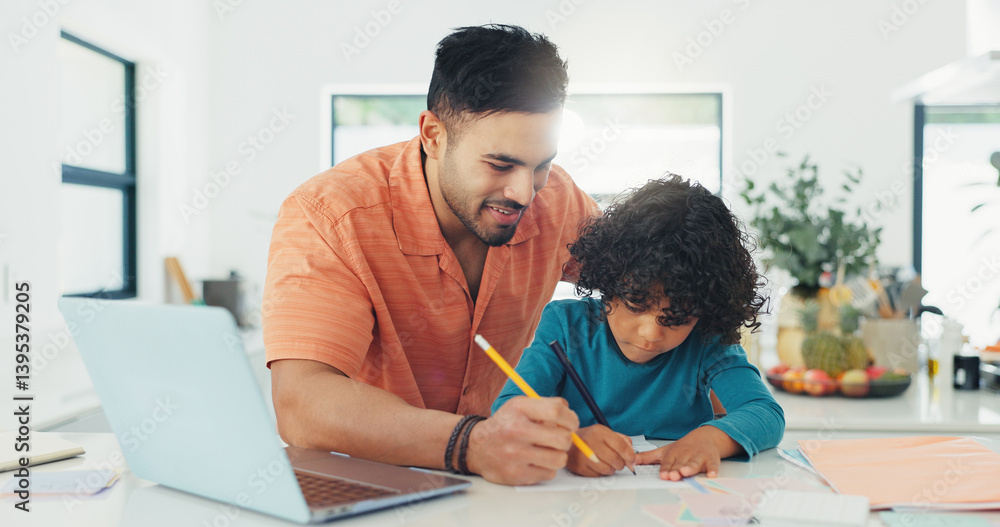 Writing, laptop and father with child in house for homework, studying or assignment for school. Education, learning and dad with boy kid for family support with test or exam in apartment together.