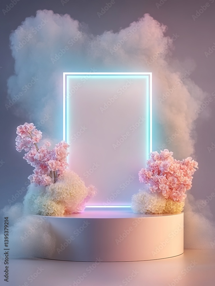 Futuristic pastel podium with a neon outline, mist, and decorative flowers against a dark background