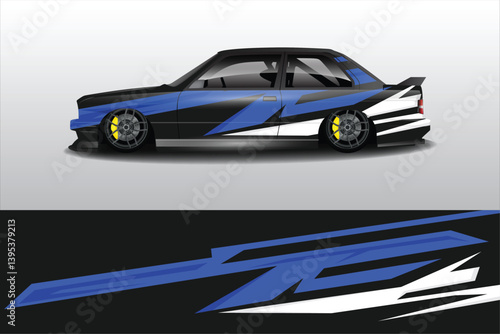 Sleek modified car design with bold graphics on a minimalistic background, showcasing automotive creativity