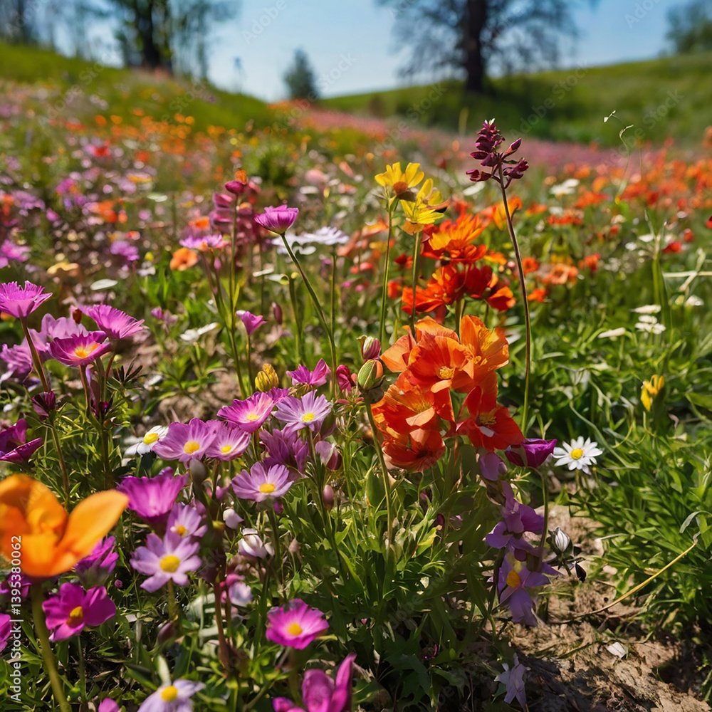 Fototapeta premium Colorful flowers meadow in a spring day