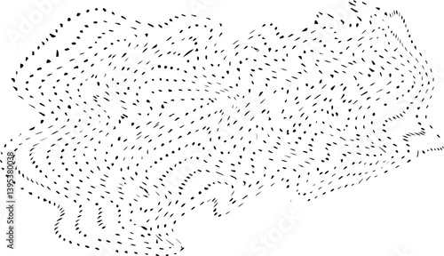 Abstract dotted mesh inspired by amoeba-like organic form with fluid distortion and digital curves.