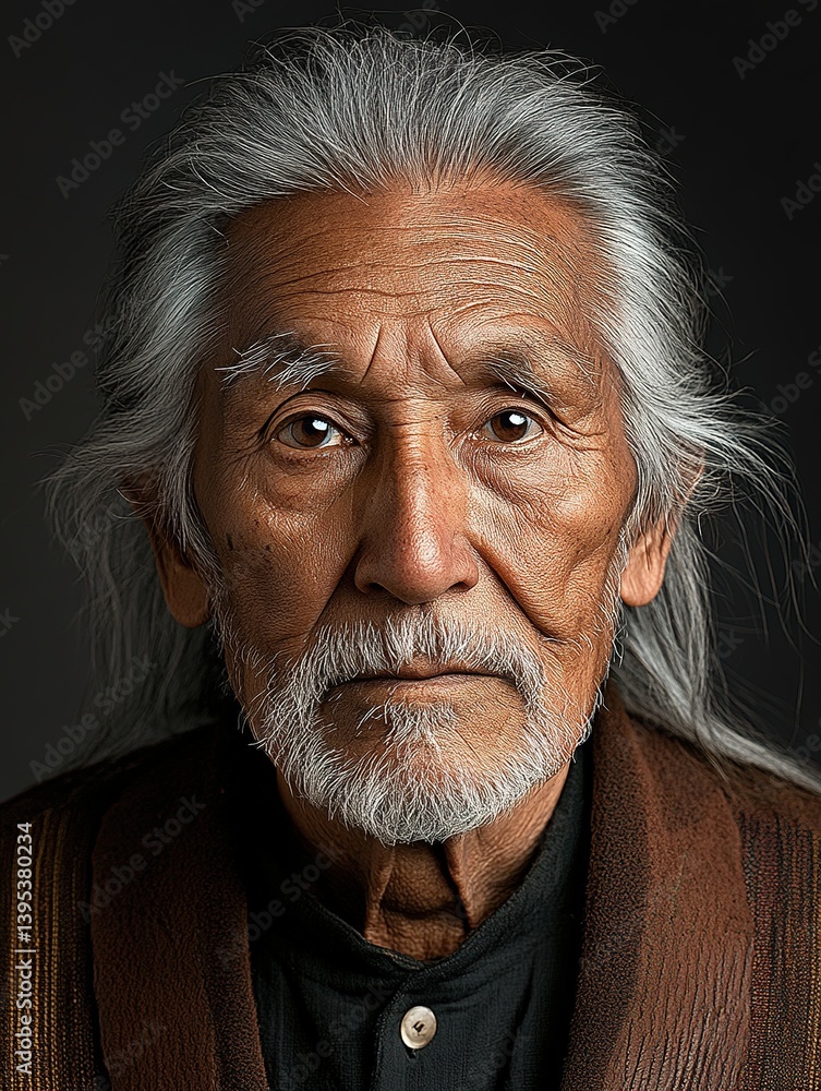 Detailed portrait of an elderly Native American man with gray hair and deep wrinkles looking directly at the camera against a dark background