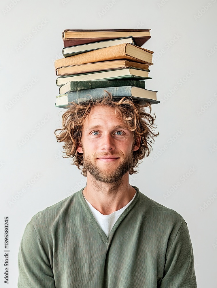 Funny portrait of a man with curly hair balancing a stack of books on his head, smiling at the camera against a white background