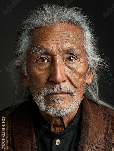 Obraz na płótnie Detailed portrait of an elderly Native American man with gray hair and deep wrinkles looking directly at the camera against a dark background w salonie