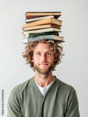 Obraz na płótnie Funny portrait of a man with curly hair balancing a stack of books on his head, smiling at the camera against a white background w salonie