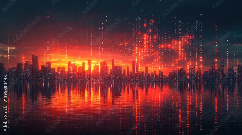 Fototapeta premium Cyberpunk Cityscape at Sunset: A Digital Metropolis Reflecting in Calm Waters