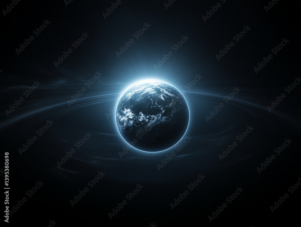 Fototapeta premium Planet partially enveloped by solar shield and rotating ring of turbine satellites