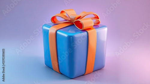 A blue present box with a vibrant orange bow on top