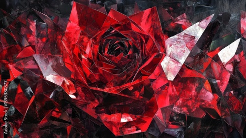 Abstract red rose with geometric shapes and dark background creates a modern design.