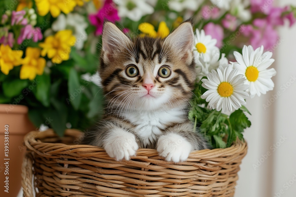 Cute tabby kitten with big eyes sitting in a wicker basket among colorful flowers
