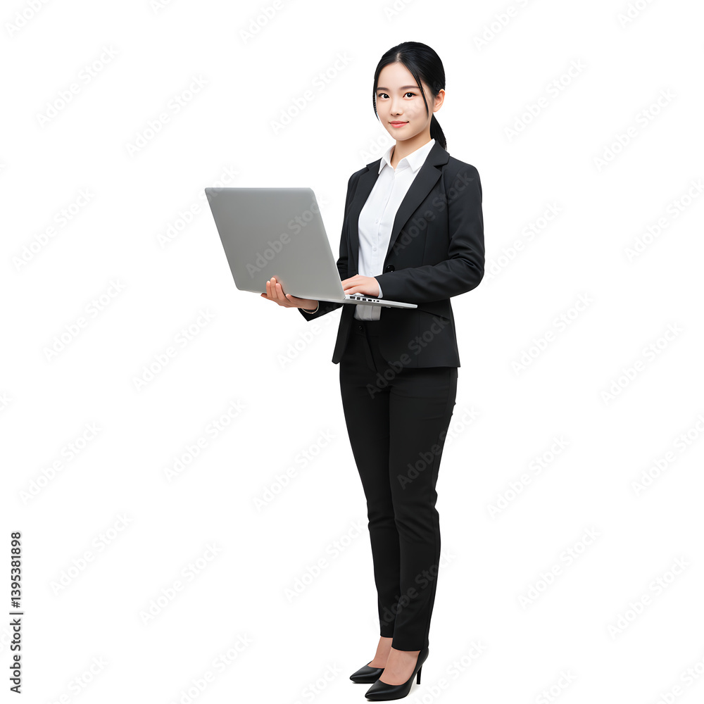 Confident Young Female Office Employee Standing with Laptop, White Background Confident Young Female Office Employee Standing with Laptop, White Background