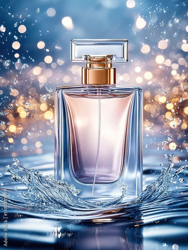 Exquisite bottle of women's perfume in splashes of water against a blurred festive background