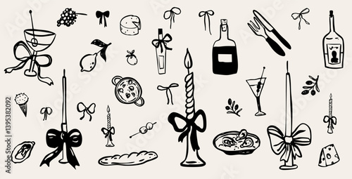 Italian French food restaurant doodle line wine sketch collection. Vacation summer party set. La dolce vita whimsical style