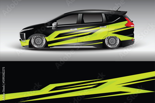 Sleek black and green modified car showcasing vibrant graphics in a dynamic urban setting