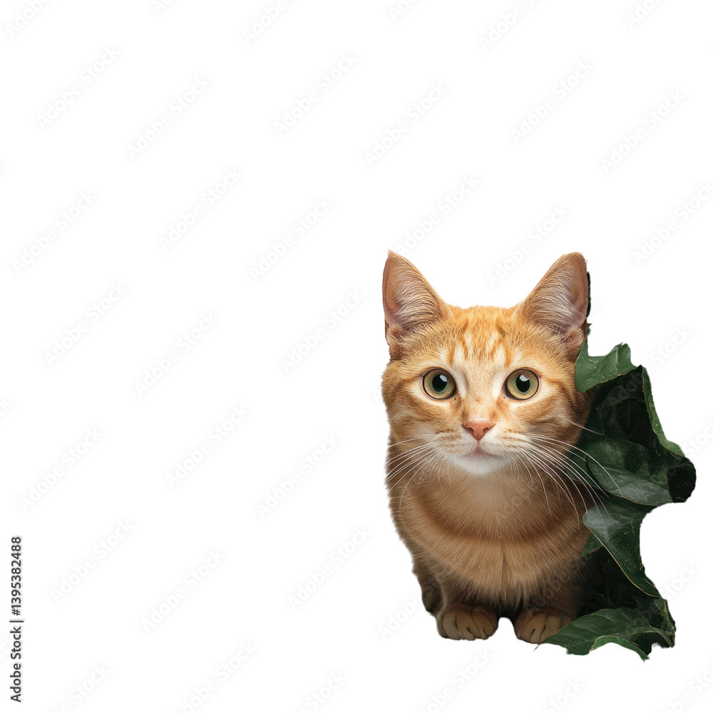 Fototapeta premium Playful cat among leaves indoor setting cutout background vibrant environment close-up view feline concept