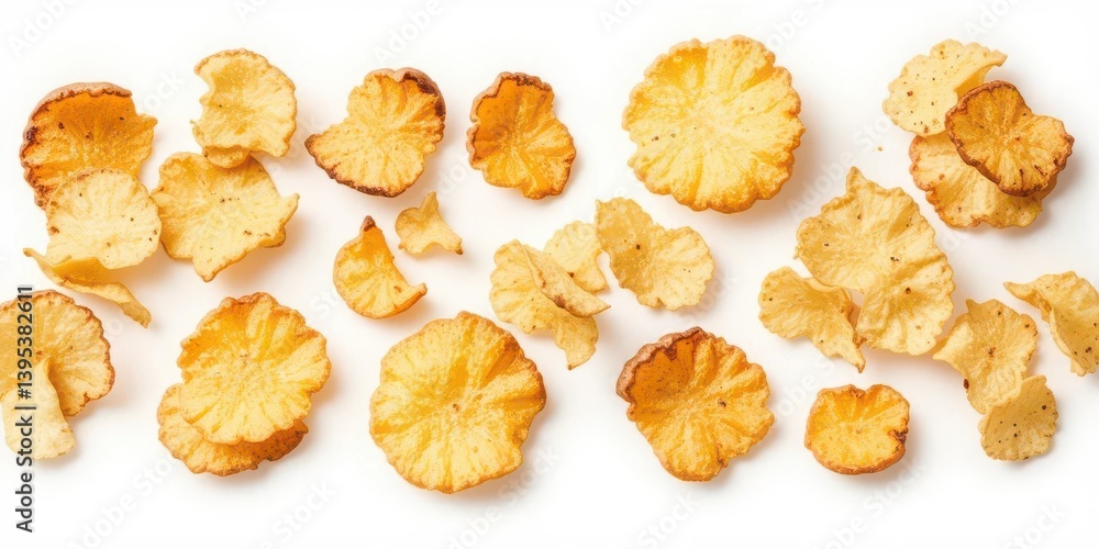 Rustic Kettle Chips on White Background Irregular Shape and Golden Brown Rustic Kettle Chips on White Background Irregular Shape and Golden Brown