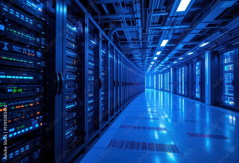 State of the Art Data Center Immersive View of Rows of Server Racks with LED Indicators High Tech Feel State of the Art Data Center Immersive View of Rows of Server Racks with LED Indicators High Tech Feel