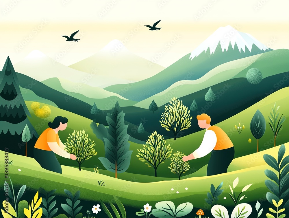 Bright illustration of a man and a woman planting trees on rolling hills against a backdrop of mountains and sky