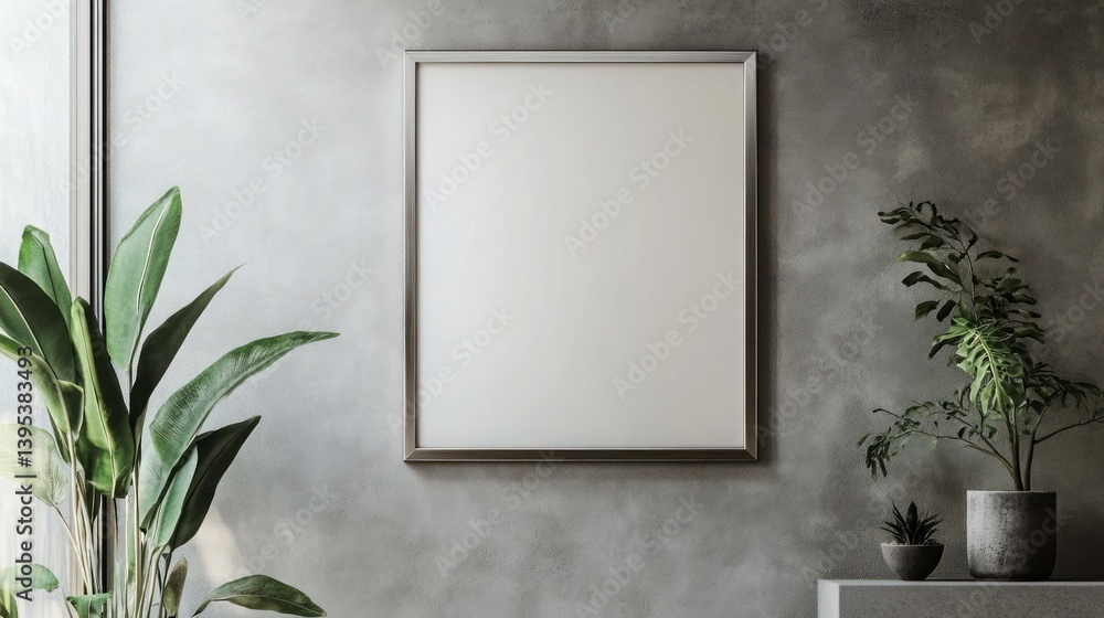 A minimalist frame in a brushed nickel finish, hung at an angle on a muted gray wall, evoking a clean, modern aesthetic.