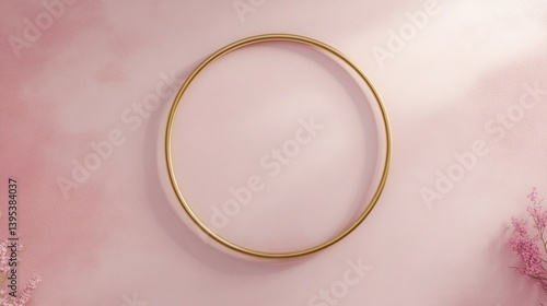 A minimalist gold frame, circular and thin, positioned high on a blush pink wall, blending luxury with simplicity.