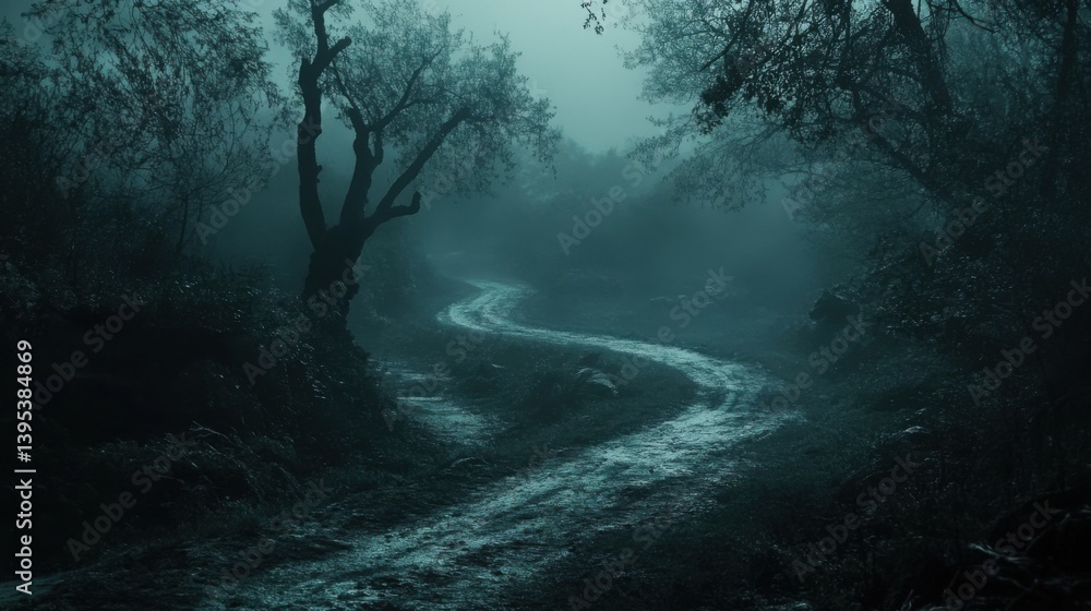 Mysterious Foggy Forest Path at Night Mysterious Foggy Forest Path at Night